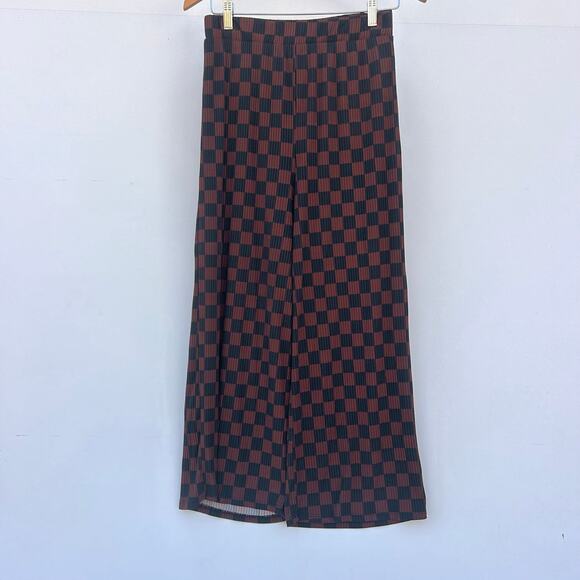 Dressed In LALA Lex Ribbed Playsuit Mocha Brown Black Checkered Set Pants Medium - Picture 7 of 12